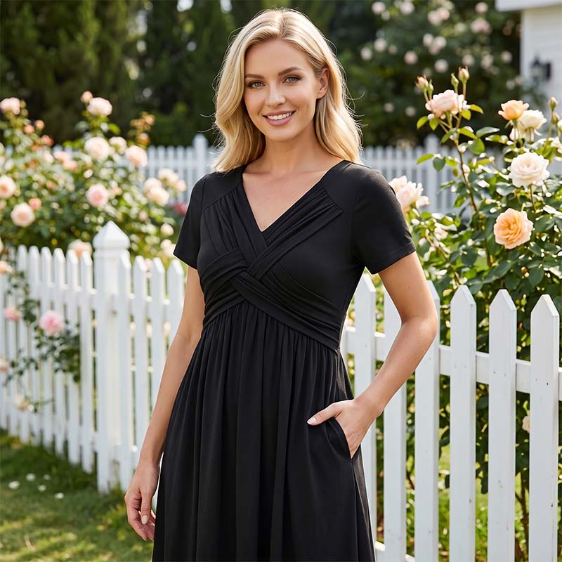 Women's V-Neck Cross-Front Pleated Dress