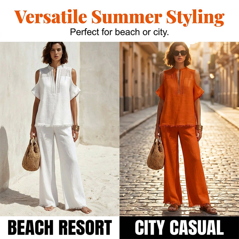 Women's Linen Blend Cold Shoulder Two-Piece Set