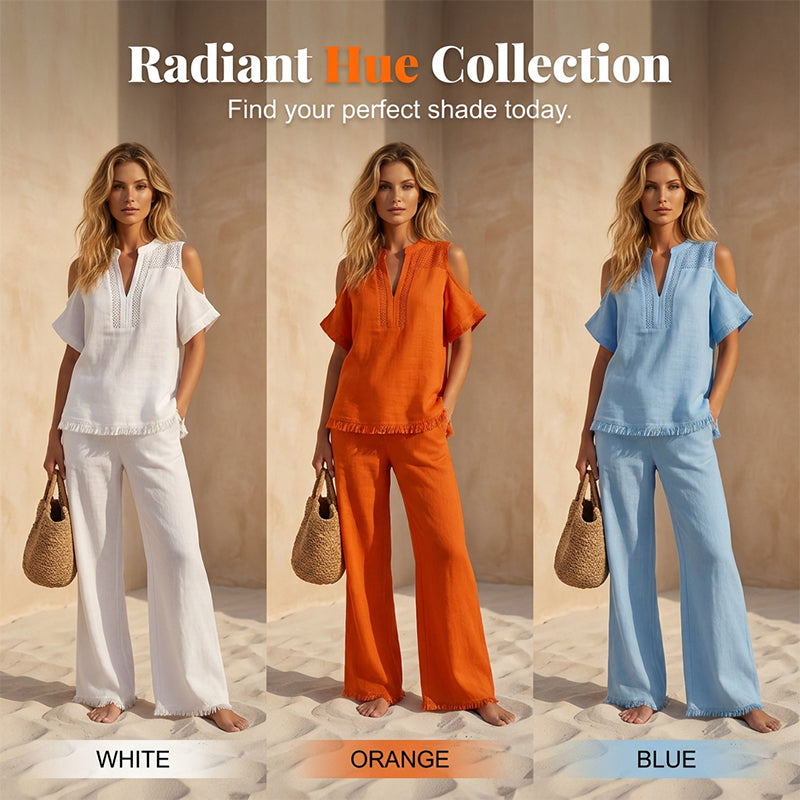 Women's Linen Blend Cold Shoulder Two-Piece Set
