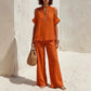 Women's Linen Blend Cold Shoulder Two-Piece Set