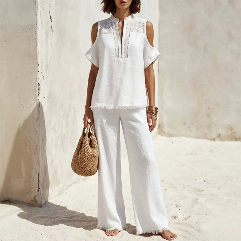 Women's Linen Blend Cold Shoulder Two-Piece Set