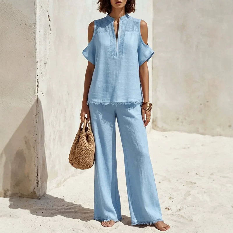 Women's Linen Blend Cold Shoulder Two-Piece Set