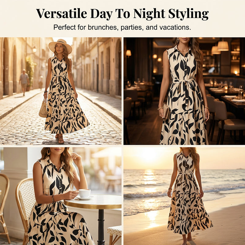 ⌛New arrivals now on sale-Sleeveless Collared Maxi Dress with Tie-Waist