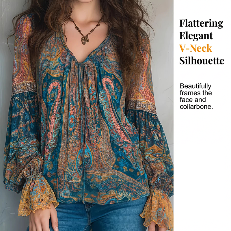 Elegant Bohemian Paisley Ruffled Blouse