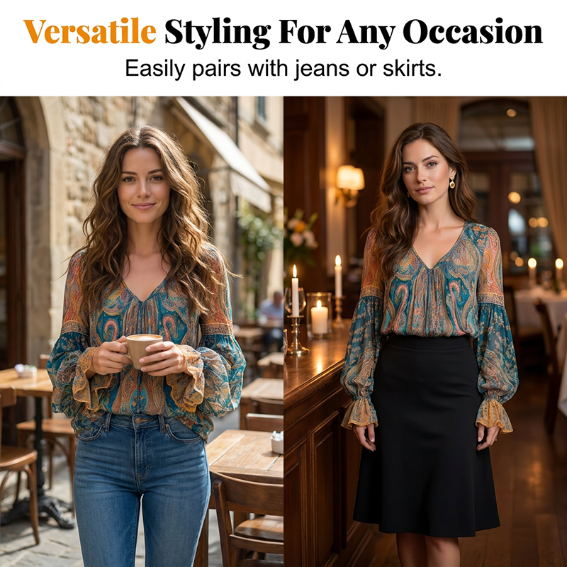 Elegant Bohemian Paisley Ruffled Blouse