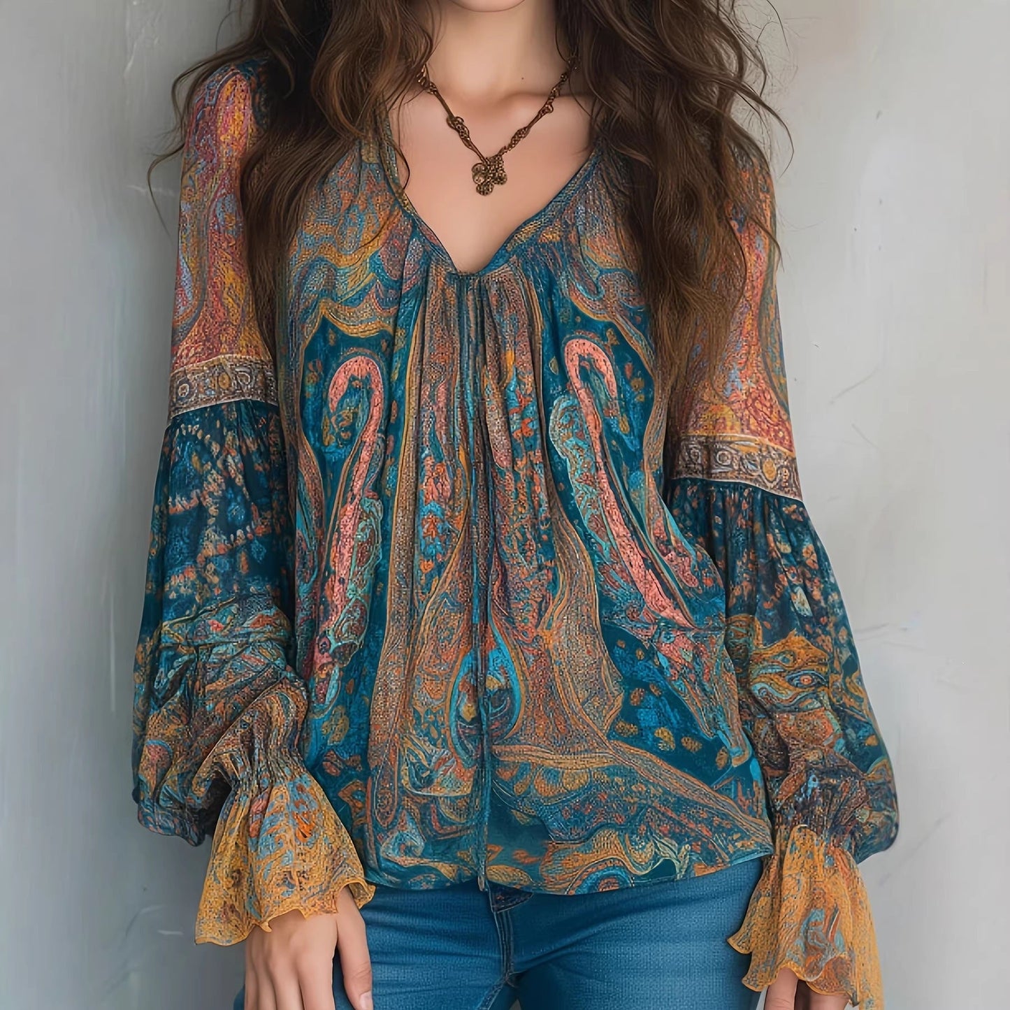 Elegant Bohemian Paisley Ruffled Blouse