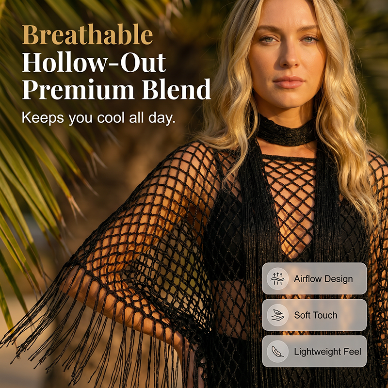Women’s Hollow-Out Fishnet Tassel Poncho