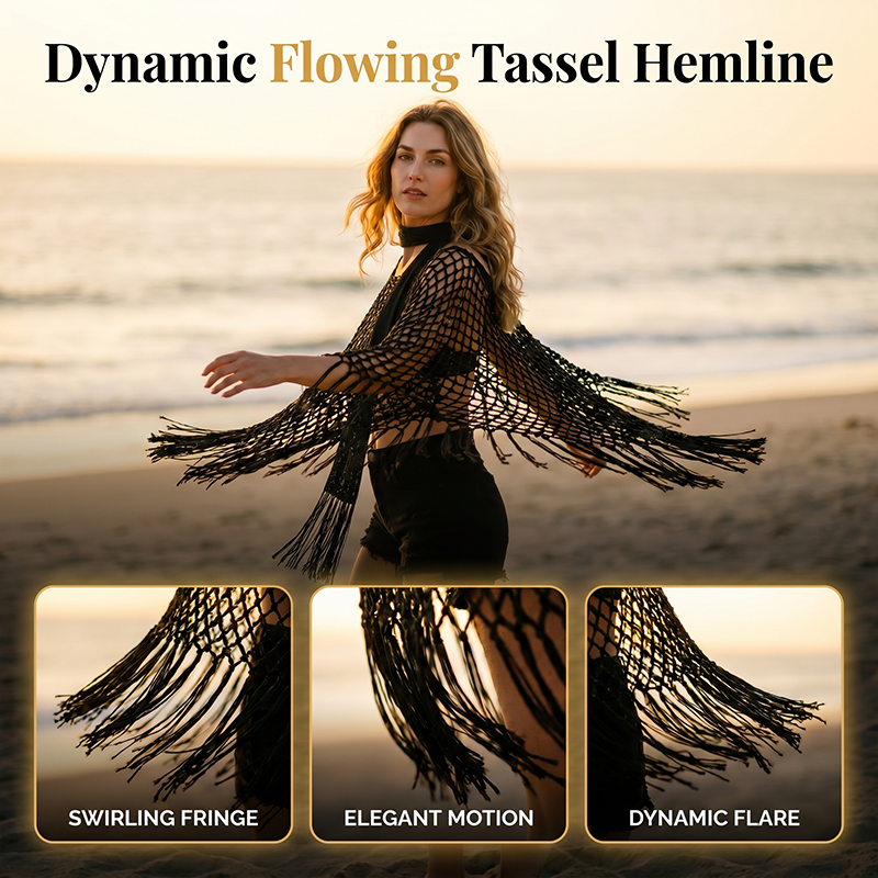 Women’s Hollow-Out Fishnet Tassel Poncho