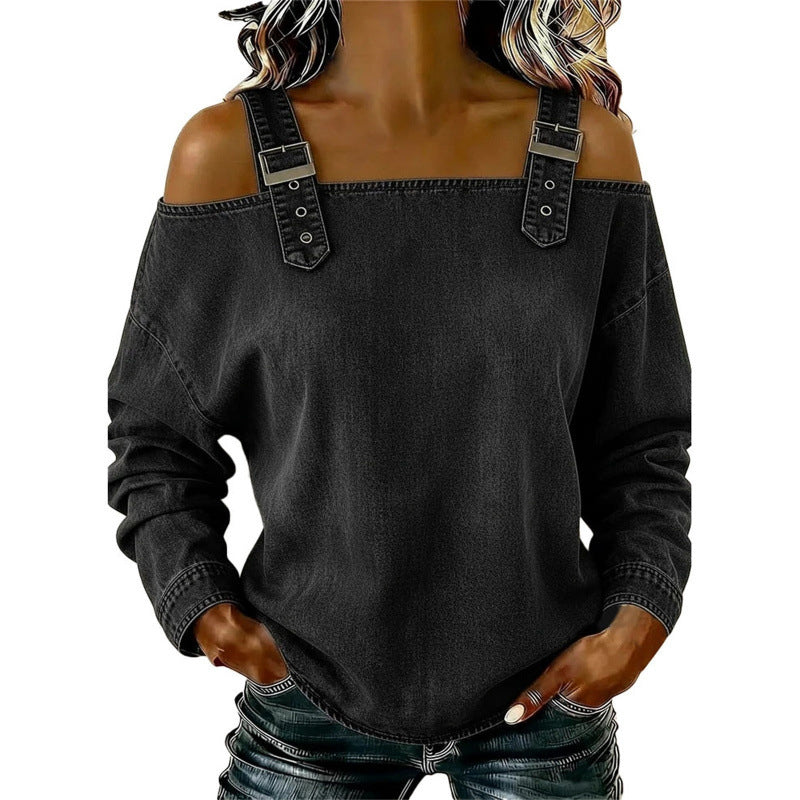 Women's Fashion Wide Strap Denim Top