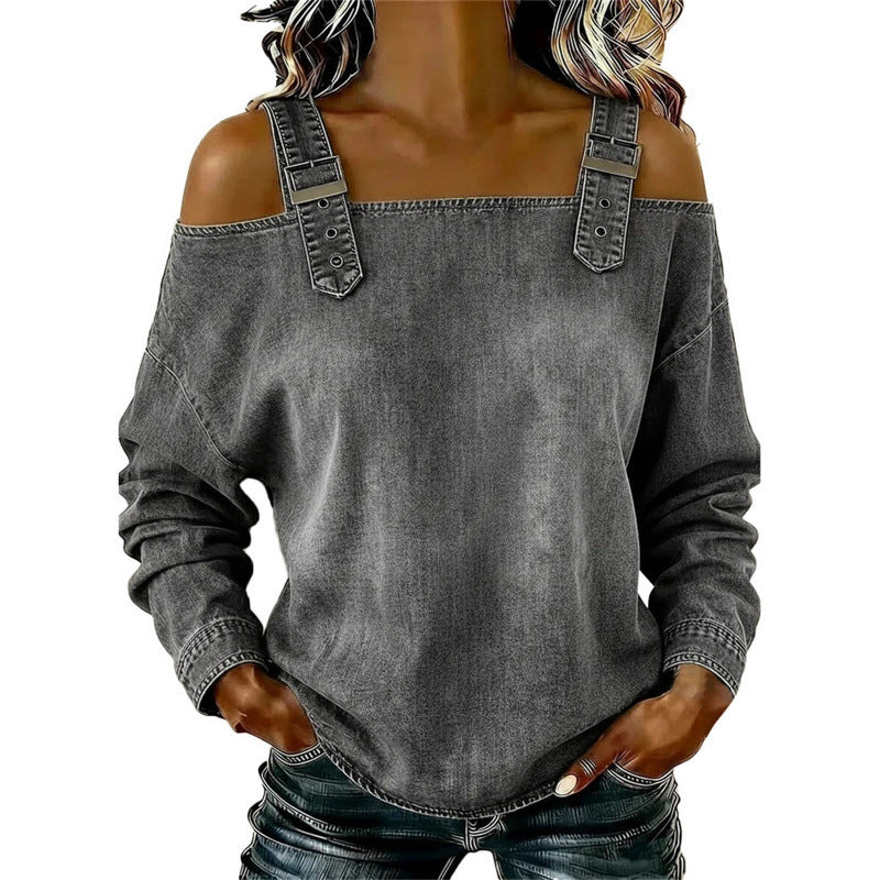 Women's Fashion Wide Strap Denim Top