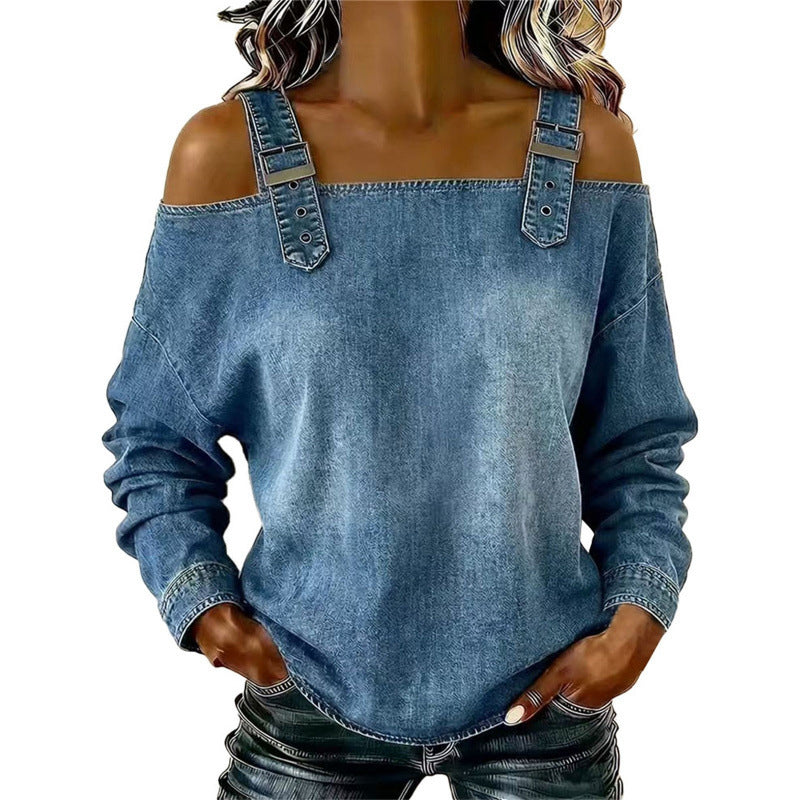 Women's Fashion Wide Strap Denim Top