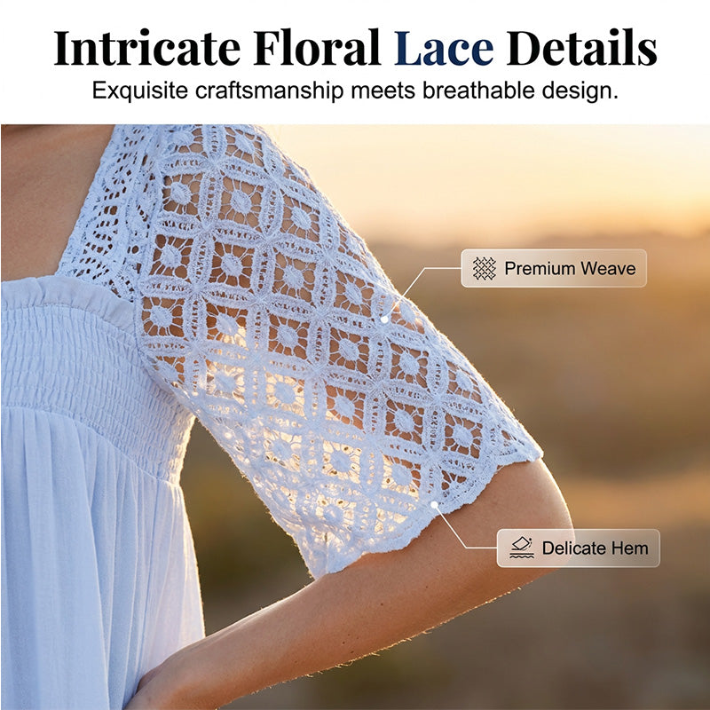 👗 50% OFF NOW! 🎀 Square Neck Smocked Dress – Lace Trims, Open Back Tie & Flowy A-Line – Romantic & Breezy 🕊️
