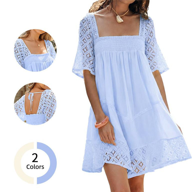 👗 50% OFF NOW! 🎀 Square Neck Smocked Dress – Lace Trims, Open Back Tie & Flowy A-Line – Romantic & Breezy 🕊️