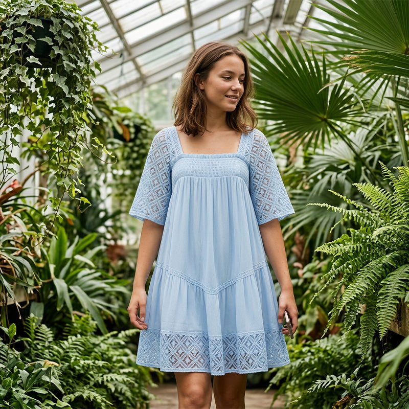 👗 50% OFF NOW! 🎀 Square Neck Smocked Dress – Lace Trims, Open Back Tie & Flowy A-Line – Romantic & Breezy 🕊️