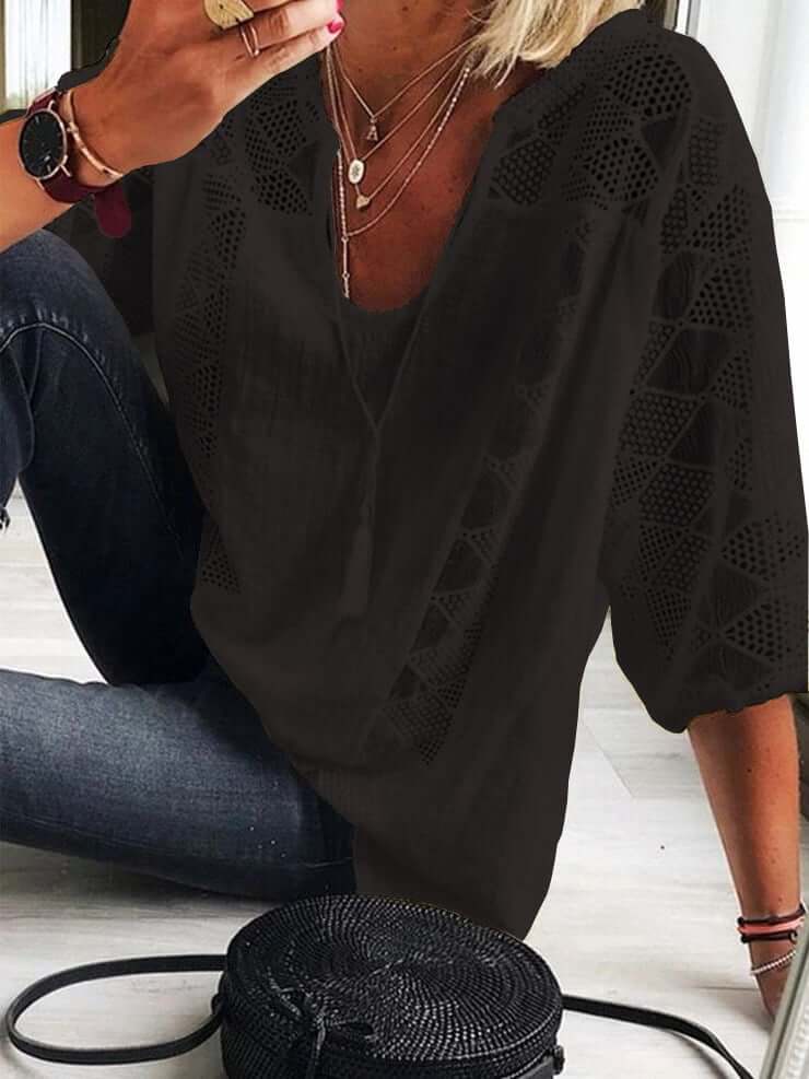 👚 50% OFF NOW! 🌸 Women's U-Neck OpenWork Blouse – Tassel Drawstring & Short Sleeves – Casual Summer Chic 🌿