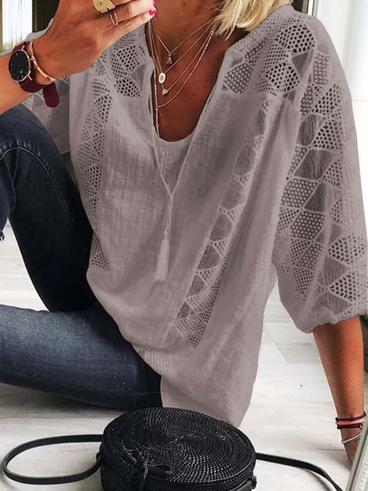 👚 50% OFF NOW! 🌸 Women's U-Neck OpenWork Blouse – Tassel Drawstring & Short Sleeves – Casual Summer Chic 🌿