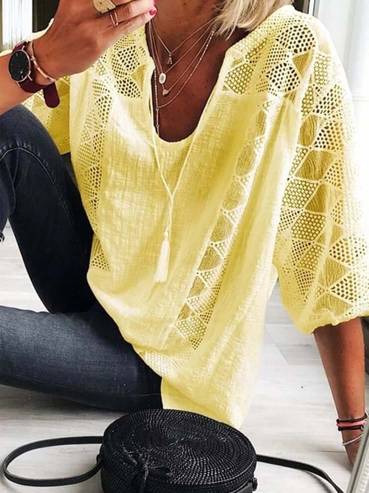 👚 50% OFF NOW! 🌸 Women's U-Neck OpenWork Blouse – Tassel Drawstring & Short Sleeves – Casual Summer Chic 🌿