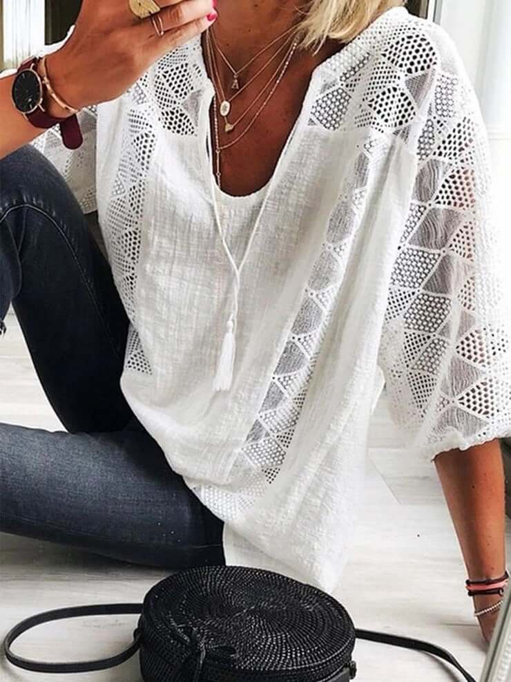 👚 50% OFF NOW! 🌸 Women's U-Neck OpenWork Blouse – Tassel Drawstring & Short Sleeves – Casual Summer Chic 🌿
