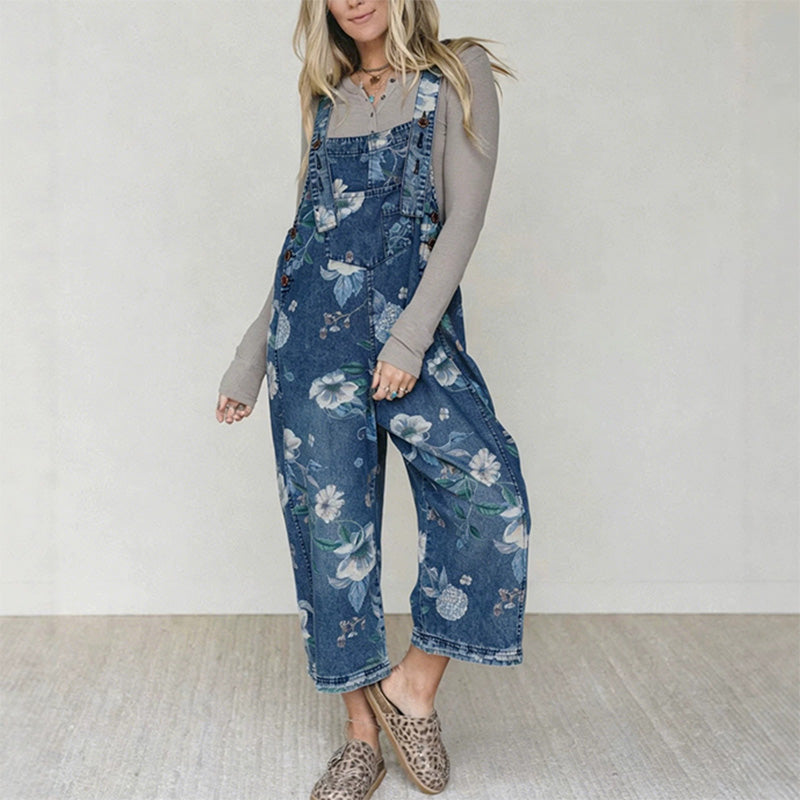 Women’s Vintage Floral Print Denim Overalls
