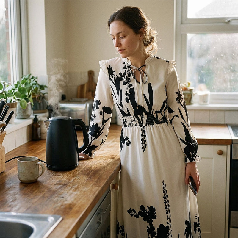 🌸 LIMITED-TIME 50% OFF! 💥 Women's Elegant Floral Printed Maxi Dress – V-Neck Tie, Cinched Waist, Ruffled Sleeves ✨