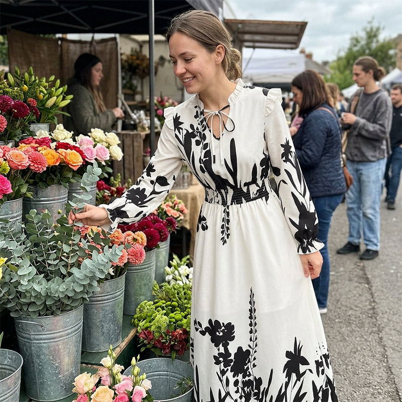 🌸 LIMITED-TIME 50% OFF! 💥 Women's Elegant Floral Printed Maxi Dress – V-Neck Tie, Cinched Waist, Ruffled Sleeves ✨