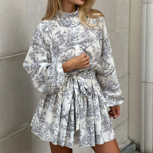 Elegant High-Neck Lantern Sleeve A-Line Mini Dress