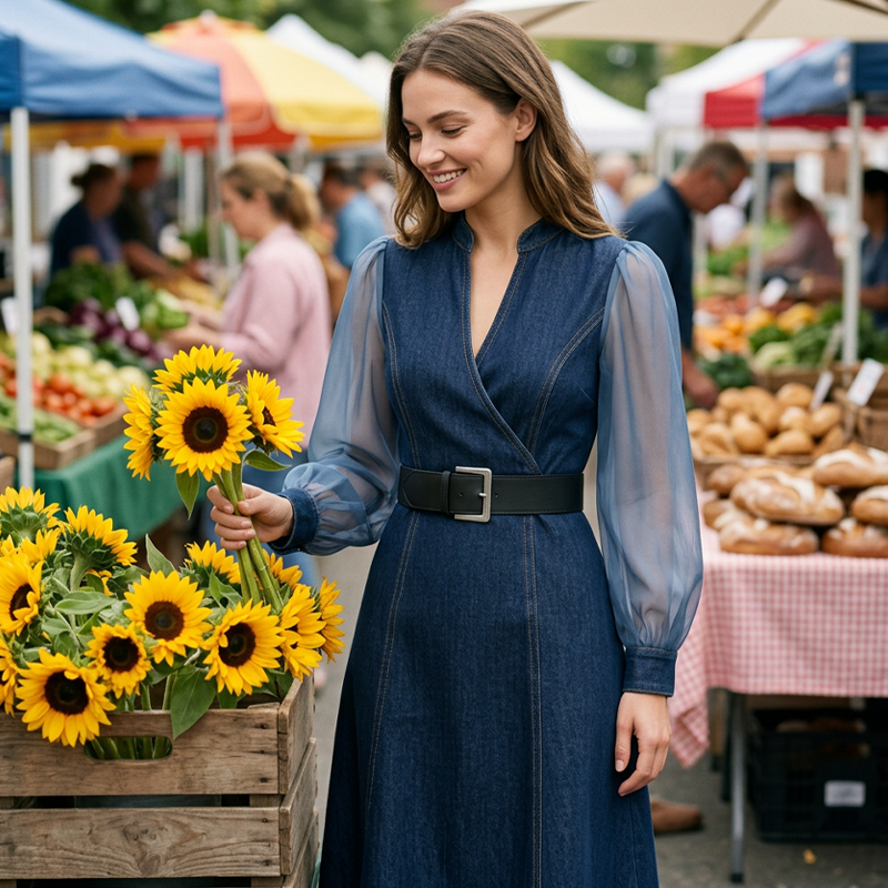 👗Slim Fit Stand Collar Denim Midi Dress– Elegant Everyday Chic✨Free Shipping