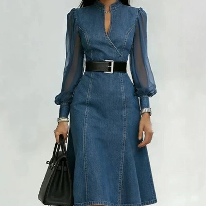 👗Slim Fit Stand Collar Denim Midi Dress– Elegant Everyday Chic✨Free Shipping