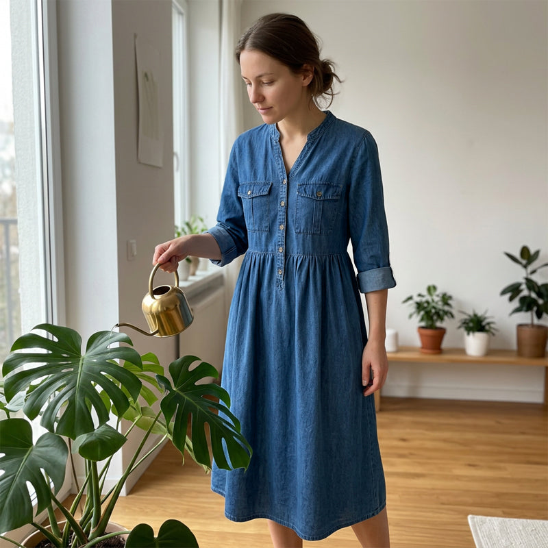 👗Women's Plus Size Button-Up Denim Maxi Dress– Flattering Everyday Curve Fit✨