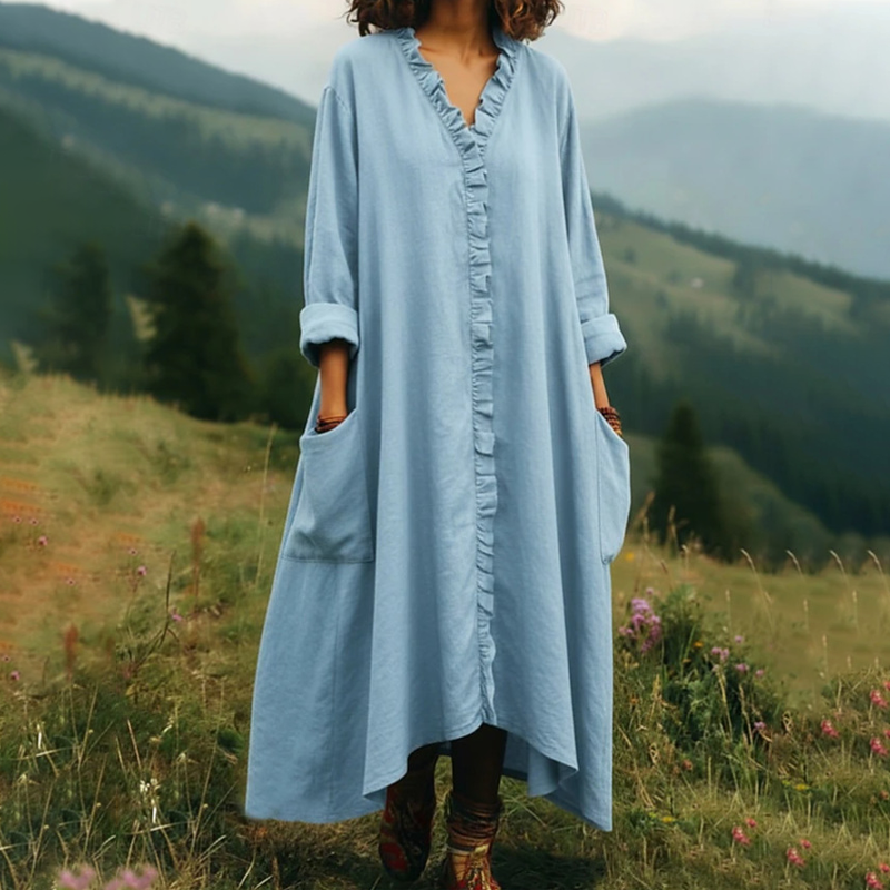 V-Neck Ruffle Trim Loose Maxi Dress