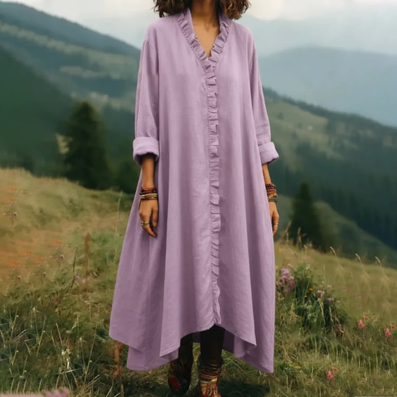 V-Neck Ruffle Trim Loose Maxi Dress