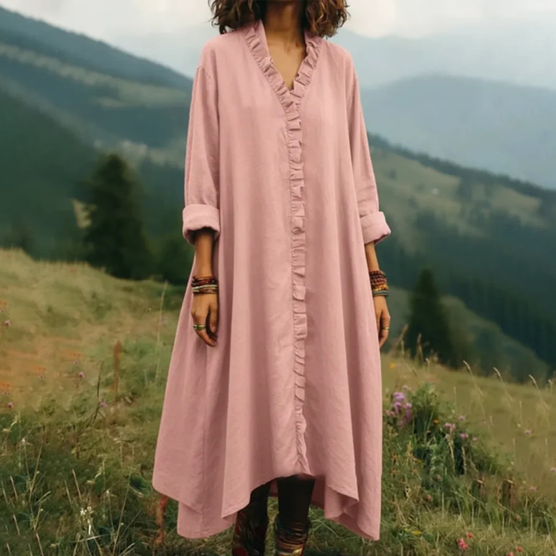 V-Neck Ruffle Trim Loose Maxi Dress