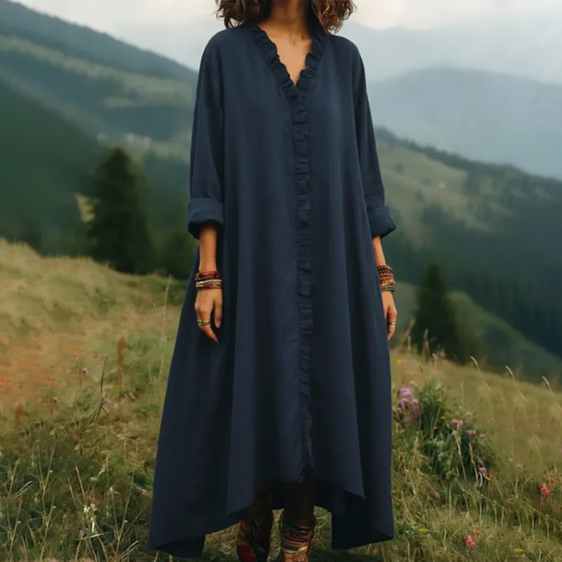 V-Neck Ruffle Trim Loose Maxi Dress