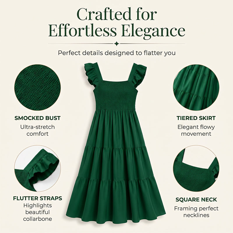 Women's Square Neck Ruffle Sleeve Smocked Dress
