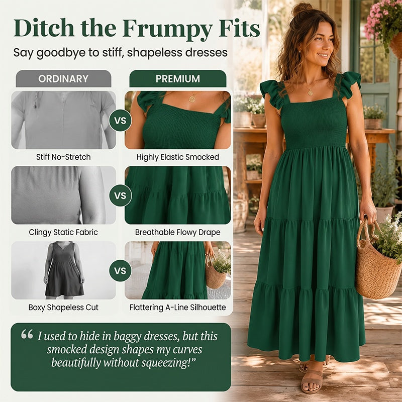 Women's Square Neck Ruffle Sleeve Smocked Dress