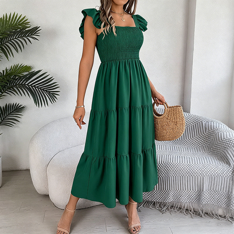Women's Square Neck Ruffle Sleeve Smocked Dress