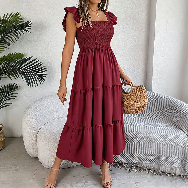 Women's Square Neck Ruffle Sleeve Smocked Dress