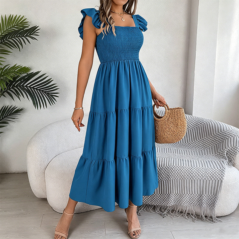 Women's Square Neck Ruffle Sleeve Smocked Dress