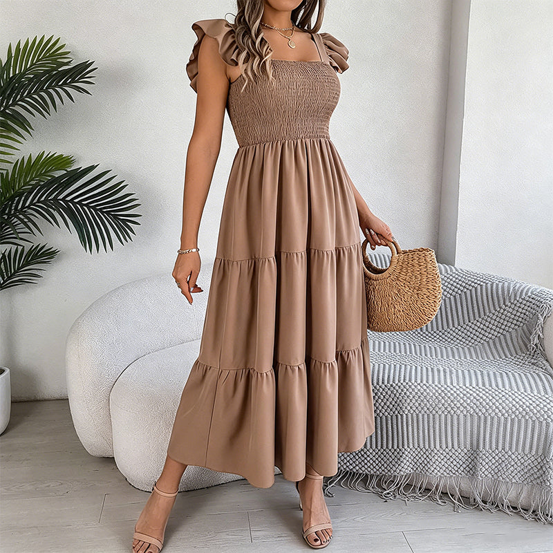 Women's Square Neck Ruffle Sleeve Smocked Dress