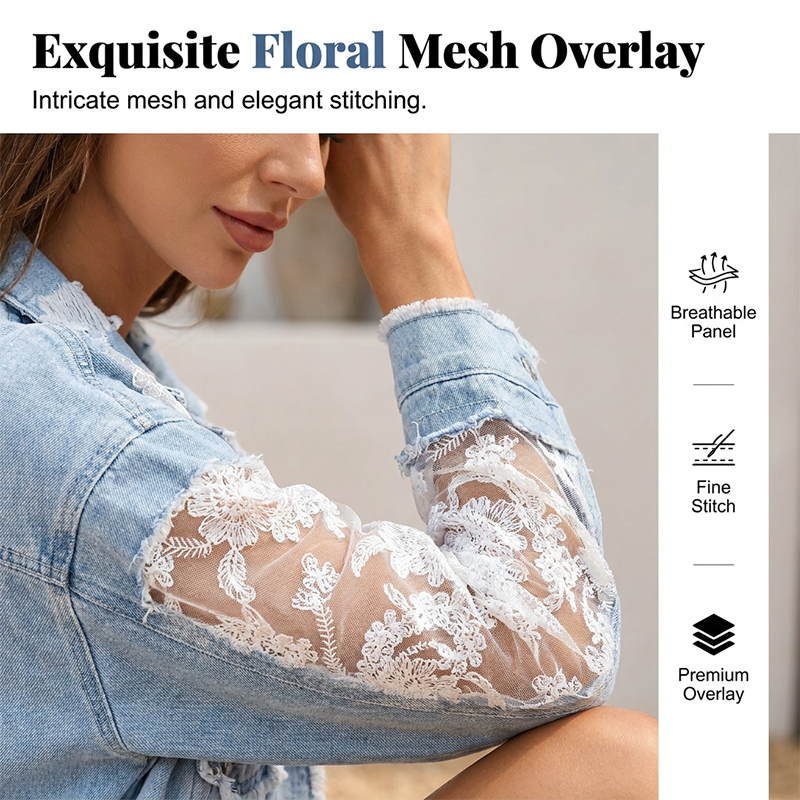 Elegant Sun Protection Lace Denim Jacket