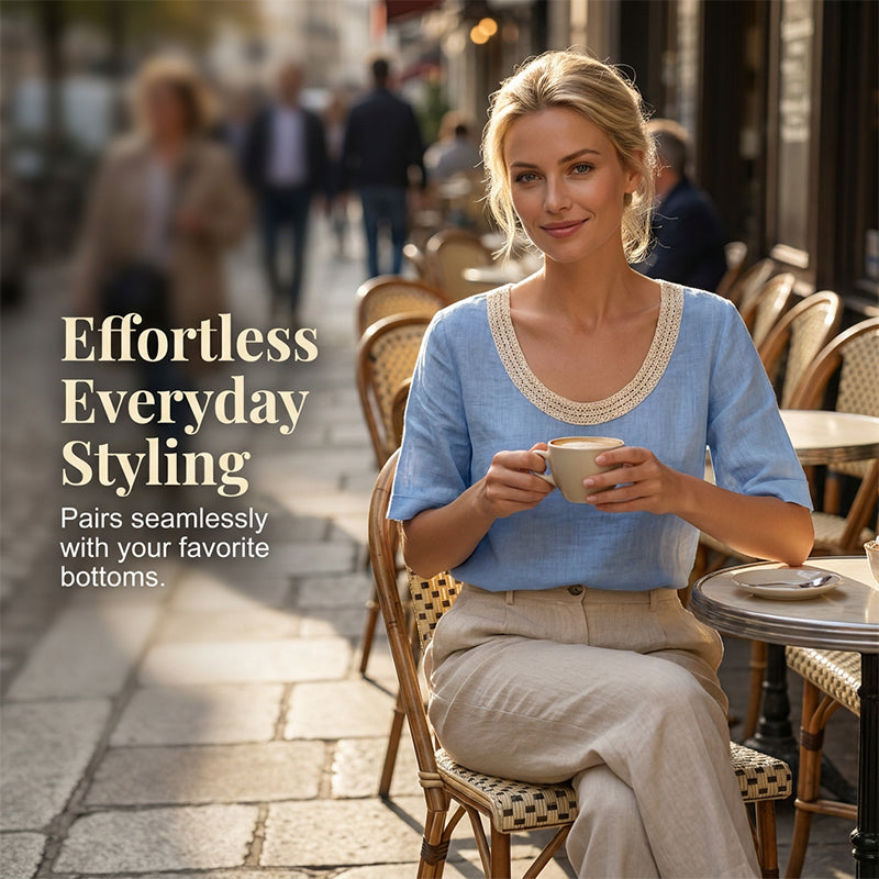 Lace-Trimmed U-Neck Top – Breathable & Effortless Flow