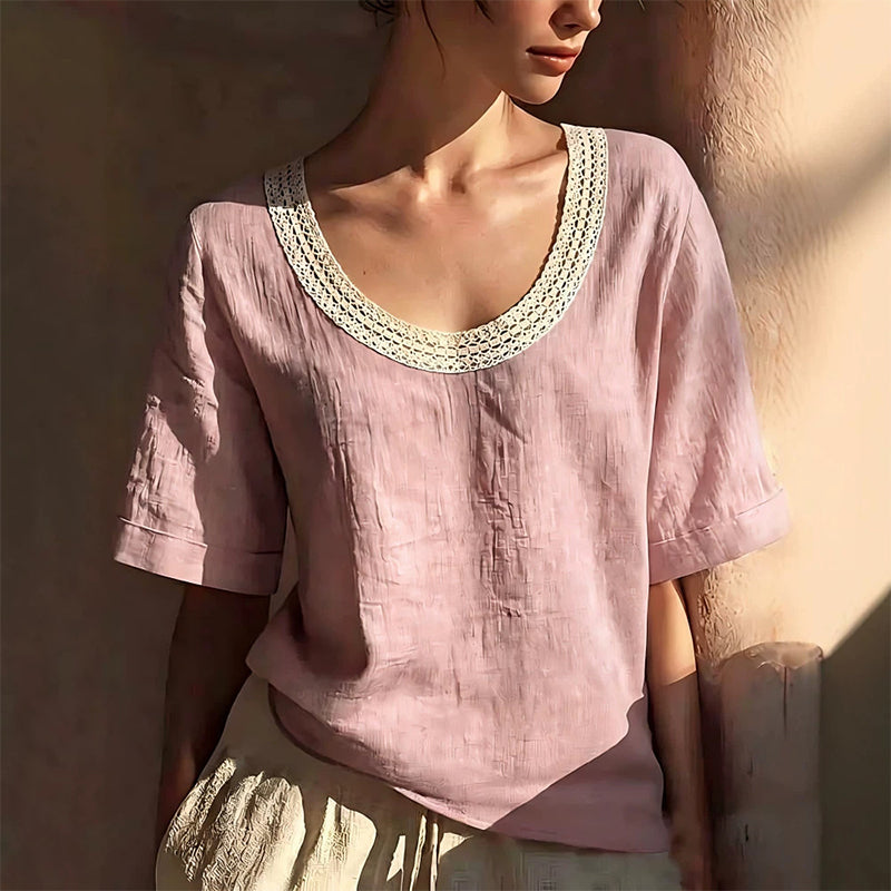 Lace-Trimmed U-Neck Top – Breathable & Effortless Flow