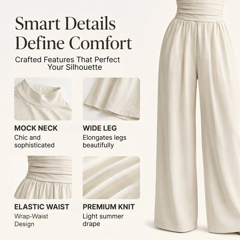 Women's Short Sleeve Mock Neck Wide-Leg Jumpsuit