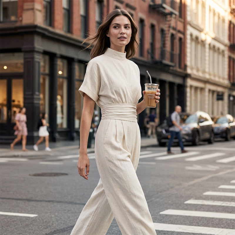 Women's Short Sleeve Mock Neck Wide-Leg Jumpsuit