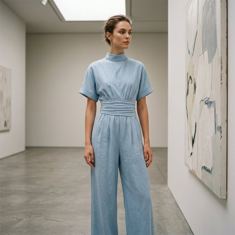 Women's Short Sleeve Mock Neck Wide-Leg Jumpsuit