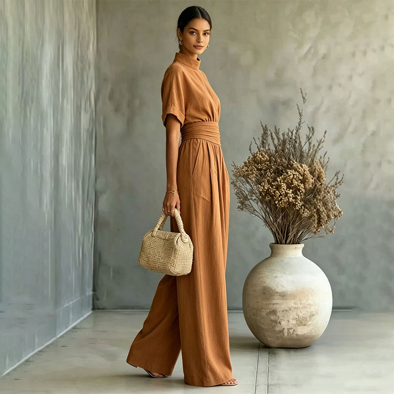 Women's Short Sleeve Mock Neck Wide-Leg Jumpsuit