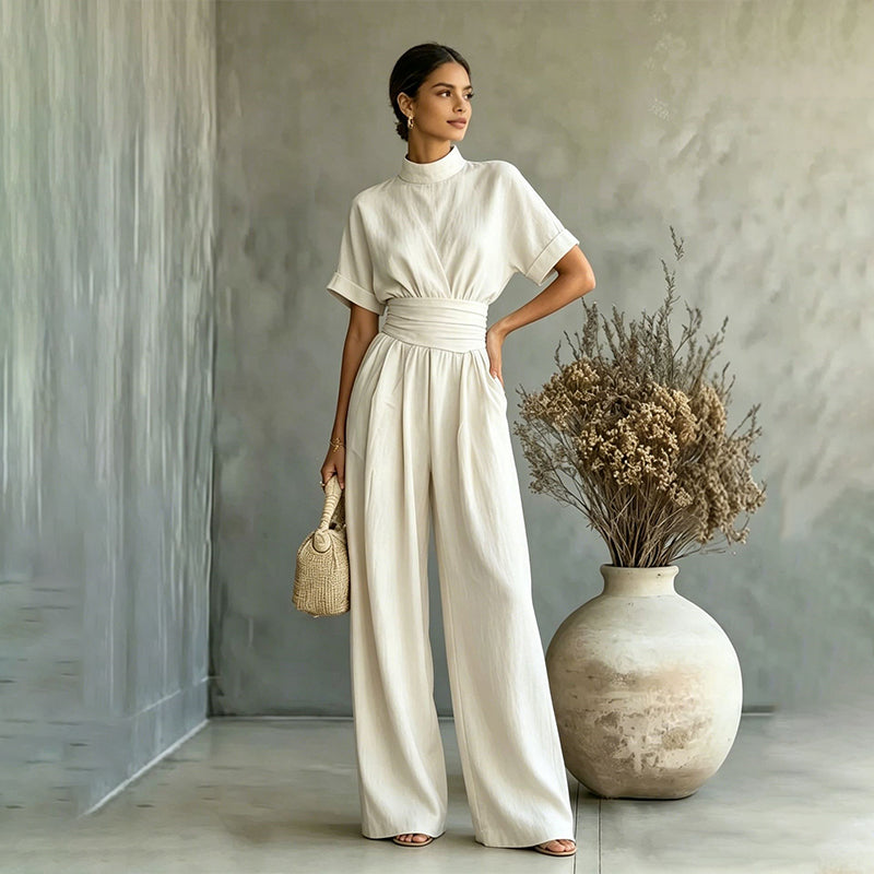 Women's Short Sleeve Mock Neck Wide-Leg Jumpsuit