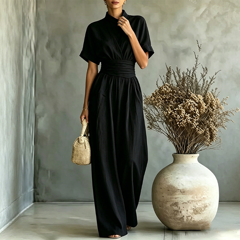 Women's Short Sleeve Mock Neck Wide-Leg Jumpsuit
