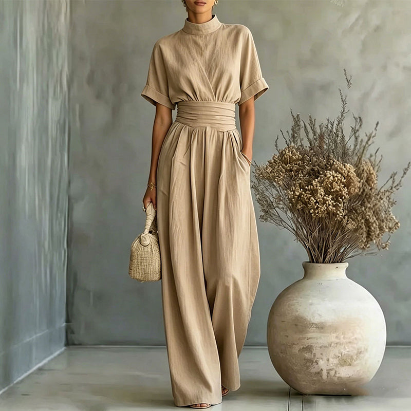 Women's Short Sleeve Mock Neck Wide-Leg Jumpsuit