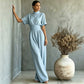 Women's Short Sleeve Mock Neck Wide-Leg Jumpsuit